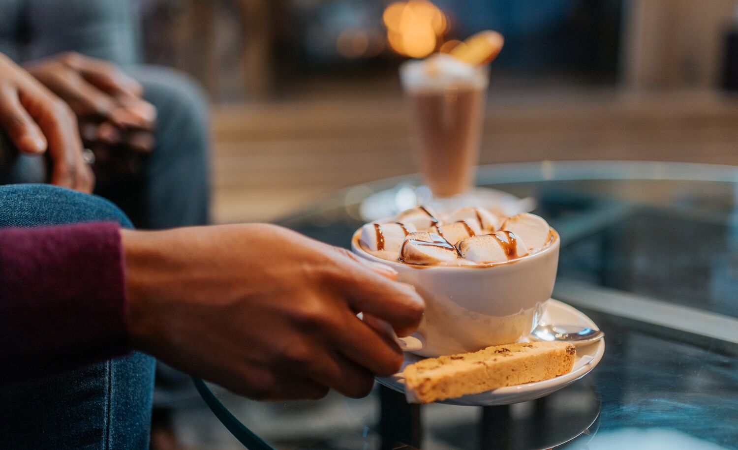 A hot chocolate sits on a table at the Rimrock Resort and Hotel in Banff National Park.